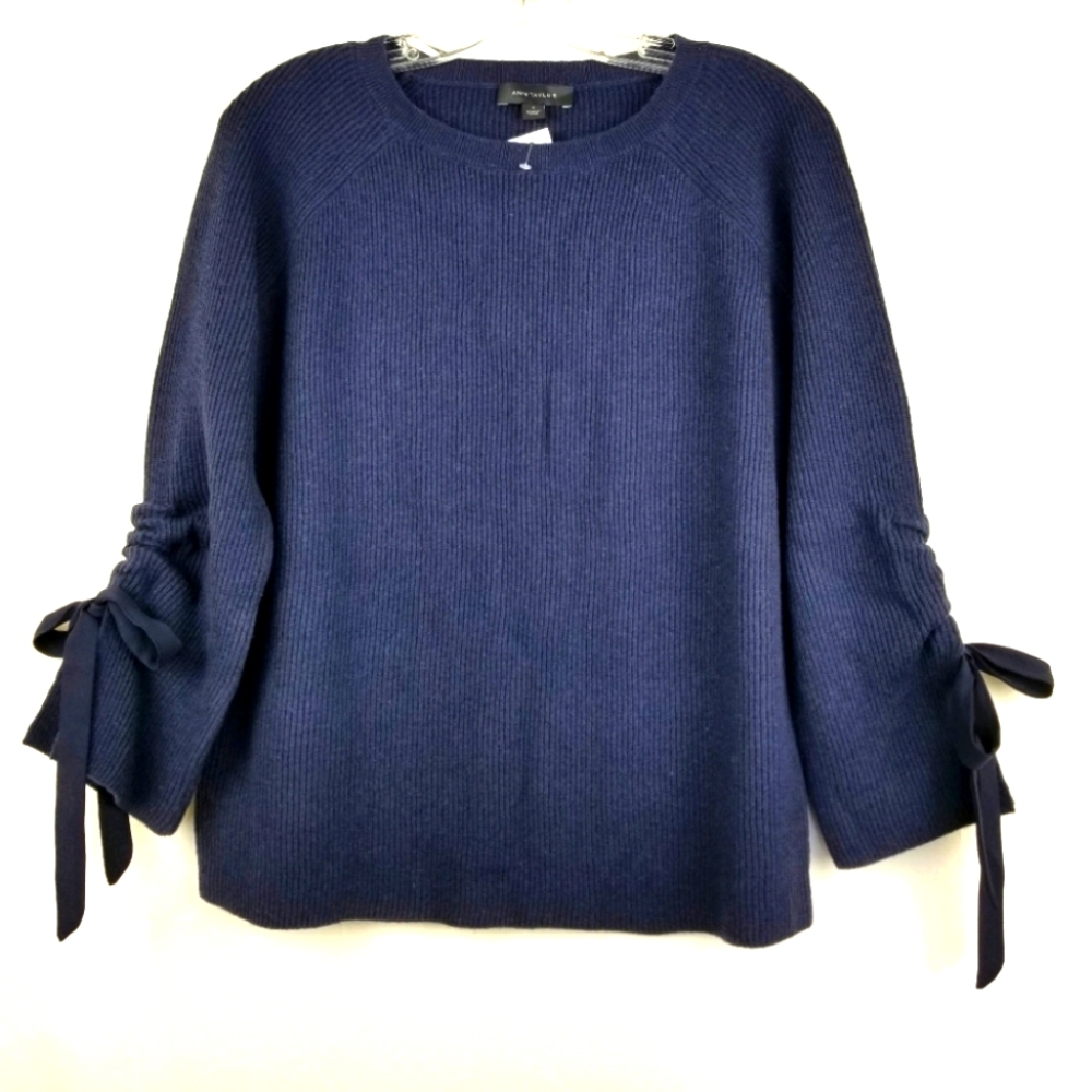 New Ann Taylor Navy Blue Wool Bow Tie Cuff Ribbed Sweater Size Small - Picture 1 of 11